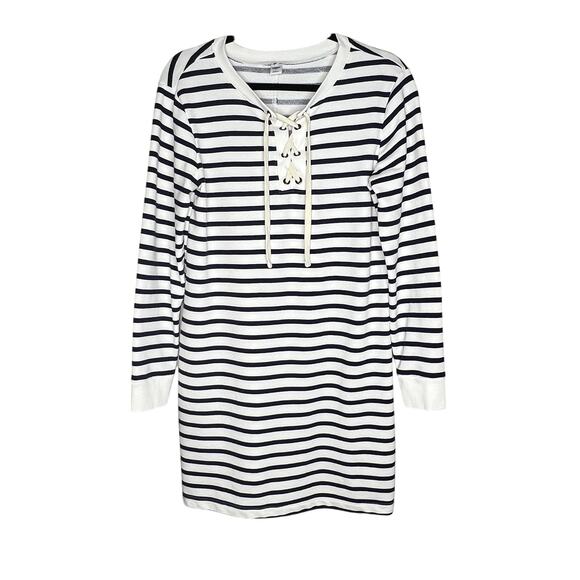 Old Navy Striped Lace-Up Sweatshirt Dress M Navy Cream Sailor Nautical Academia - Picture 1 of 7